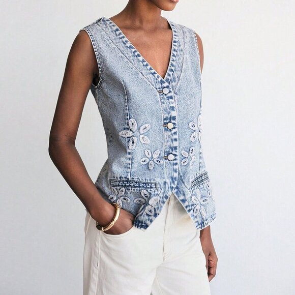 Light Wash Casual Women's Washed Floral Pattern Front Button Denim Vest - Picture 7 of 8